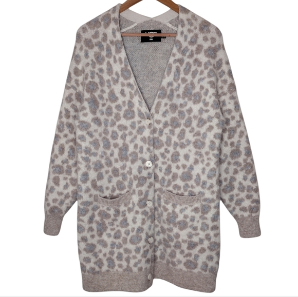 UGG Sweaters - UGG RTW Alpaca Wool Blend Leopard Print Gray Cream Cardigan Sz M